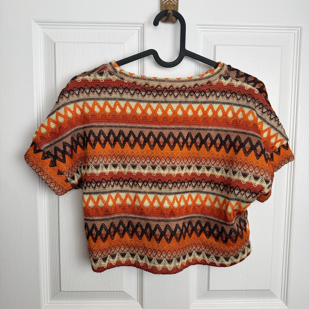 Womens Knit Crop Top Small‎ Boho Aztec Fall Color Y2K Retro 70's Tribal Hippie